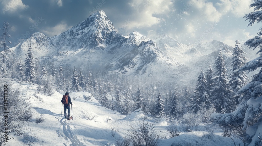 A dedicated hiker navigates a snow-covered trail surrounded by towering mountain peaks. The crisp air and fluffy clouds create a picturesque winter backdrop for this adventurous journey A dedicated hiker navigates a snow-covered trail surrounded by towering mountain peaks. The crisp air and fluffy clouds create a picturesque winter backdrop for this adventurous journey