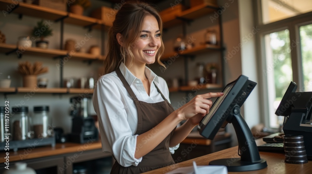 Portrait of Young Woman Working in Café with Modern POS System – High-Quality 4K Photography. Cheerful Barista at Coffee Shop Counter Using Touchscreen POS Terminal. Portrait of Young Woman Working in Café with Modern POS System – High-Quality 4K Photography. Cheerful Barista at Coffee Shop Counter Using Touchscreen POS Terminal.