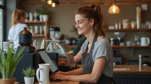 Portrait of Young Woman Working in Café with Modern POS System – High-Quality 4K Photography. Cheerful Barista at Coffee Shop Counter Using Touchscreen POS Terminal.