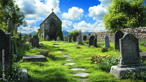 Serene graveyard with old stone church, lush green grass, flowers, and mountain backdrop under a bright sky.