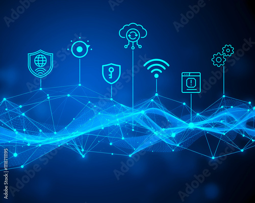 abstract blue background with connection and network wave of particles security internet icons vpn