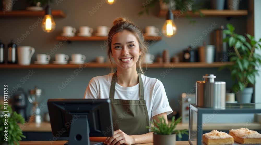 Fototapeta premium Portrait of Young Woman Working in Café with Modern POS System – High-Quality 4K Photography. Cheerful Barista at Coffee Shop Counter Using Touchscreen POS Terminal.