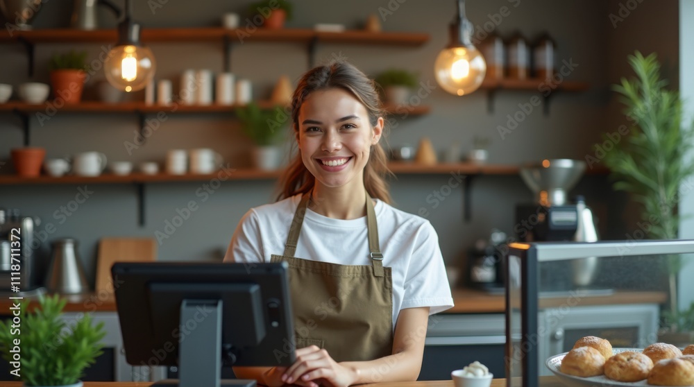 Portrait of Young Woman Working in Café with Modern POS System – High-Quality 4K Photography. Cheerful Barista at Coffee Shop Counter Using Touchscreen POS Terminal.