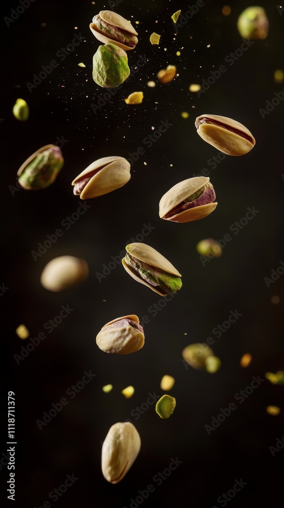 Delicious pistachios scattered against a dark background create an elegant display Delicious pistachios scattered against a dark background create an elegant display