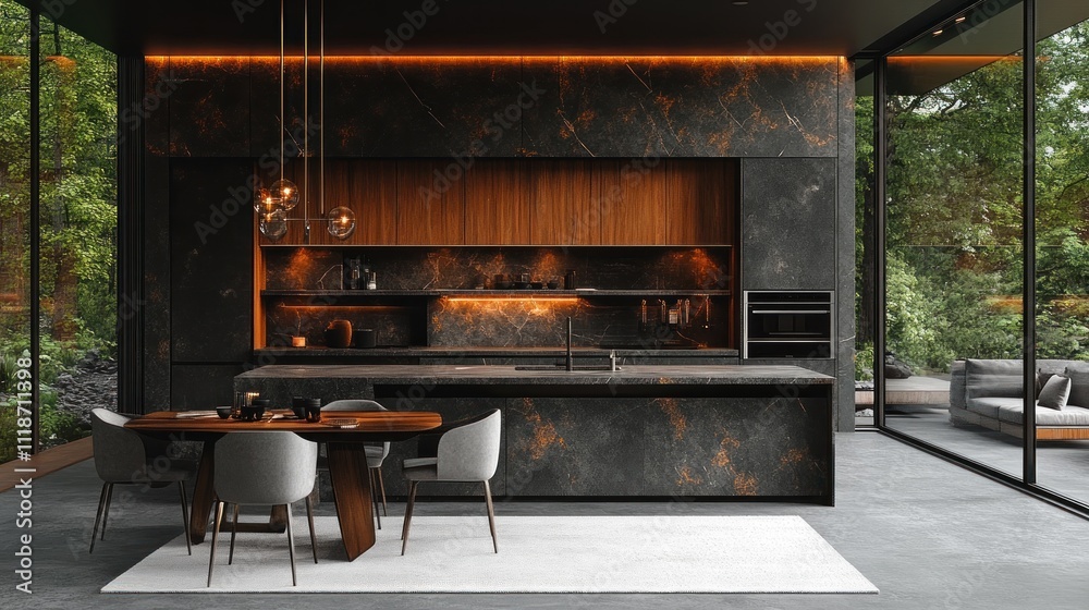 Modern kitchen design with dark marble countertops, wood cabinets, and large windows overlooking a lush garden. Modern kitchen design with dark marble countertops, wood cabinets, and large windows overlooking a lush garden.