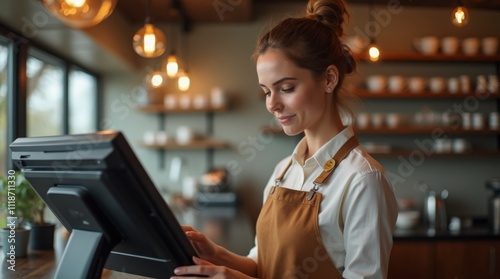 Portrait of Young Woman Working in Café with Modern POS System – High-Quality 4K Photography. Cheerful Barista at Coffee Shop Counter Using Touchscreen POS Terminal.
