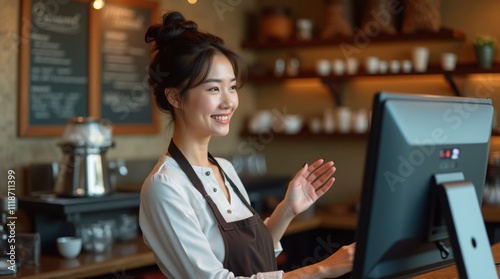 Portrait of Young Woman Working in Café with Modern POS System – High-Quality 4K Photography. Cheerful Barista at Coffee Shop Counter Using Touchscreen POS Terminal.