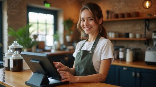 Portrait of Young Woman Working in Café with Modern POS System – High-Quality 4K Photography. Cheerful Barista at Coffee Shop Counter Using Touchscreen POS Terminal.