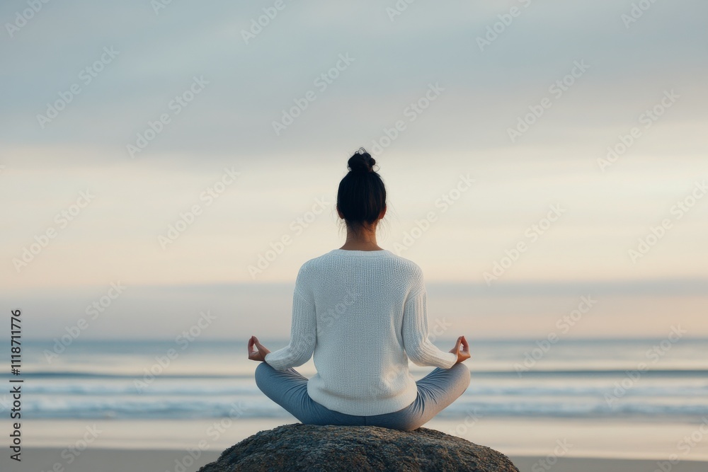 Meditation practice by the ocean on a cloudy day for relaxation and mindfulness Meditation practice by the ocean on a cloudy day for relaxation and mindfulness