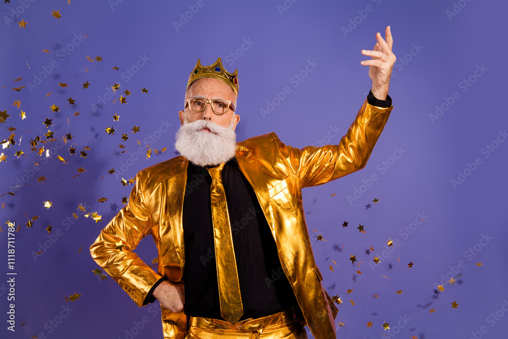 Fototapeta premium Photo portrait of bearded gentleman confetti performance wear fashionable golden clothes isolated on violet color background