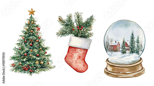 Watercolor vector illustration set featuring a decorated Christmas tree, a festive stocking filled with greenery, and a snow globe with a winter scene. Christmas Tree, Stocking, and Snow Globe