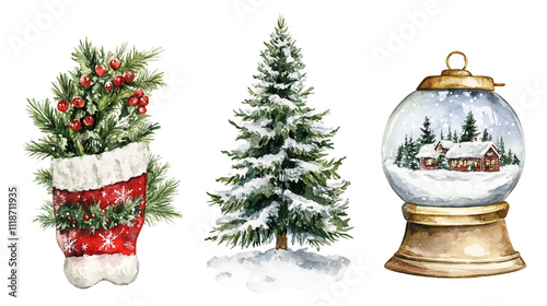 Watercolor vector illustration set featuring a decorated Christmas tree, a festive stocking filled with greenery, and a snow globe with a winter scene. Christmas Tree, Stocking, and Snow Globe