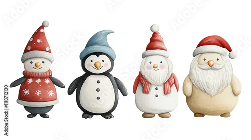 Watercolor vector illustration set of cute Christmas characters penguin, snowman, scandinavian gnome, polar bear and Santa Claus isolated on white background