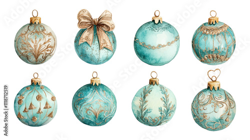 Watercolor set of elegant Christmas tree balls in teal and gold with intricate designs and bows, Merry christmas and Happy new year vector illustration isolated on white background.