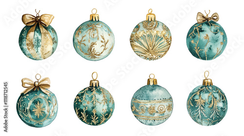 Watercolor set of elegant Christmas tree balls in teal and gold with intricate designs and bows, Merry christmas and Happy new year vector illustration isolated on white background.