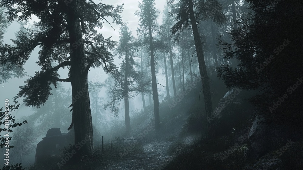 Obraz premium Navigating through a fog-covered forest, with mist clinging to the trees.