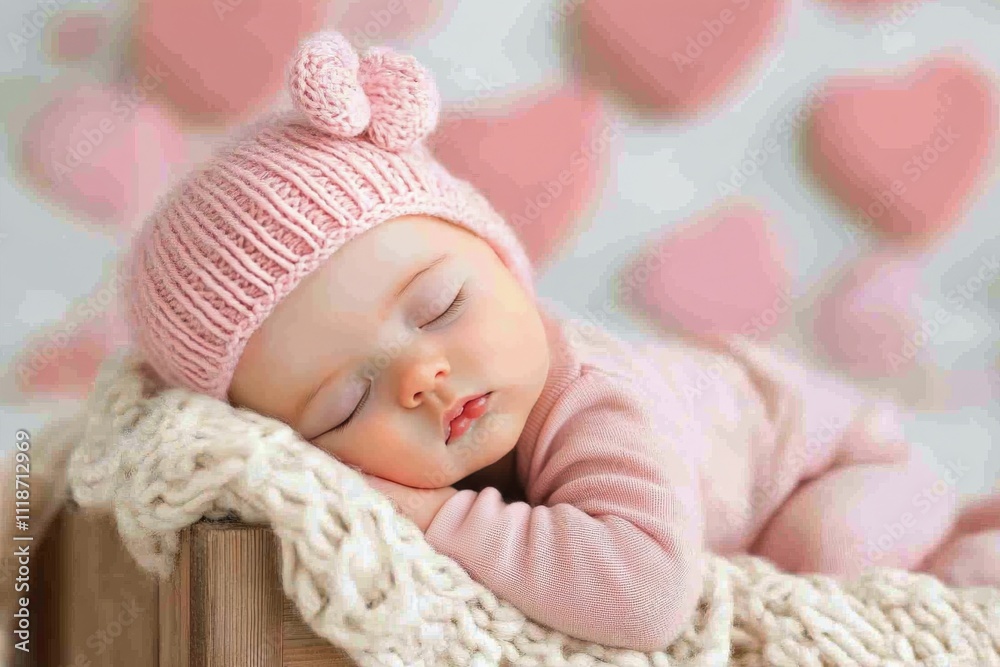 Baby in pink hat resting peacefully among soft heart shaped decorations Baby in pink hat resting peacefully among soft heart shaped decorations