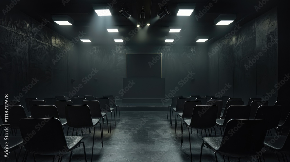 Empty dark auditorium with rows of chairs and stage. Empty dark auditorium with rows of chairs and stage.