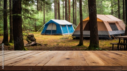 A empty wooden table in the foreground with a tent and trees in the blurred background, suggesting an outdoor camping scene in a forest