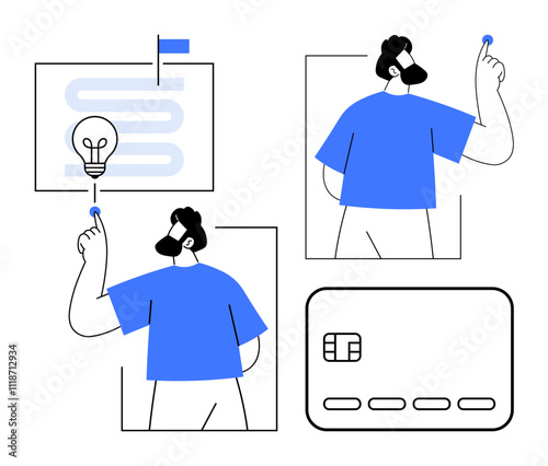 Man tapping a chip on a credit card, lightbulb on a screen with a path, and credit card icon. Ideal for technology, finance, invention, digital payment, creativity innovation user interaction. Line