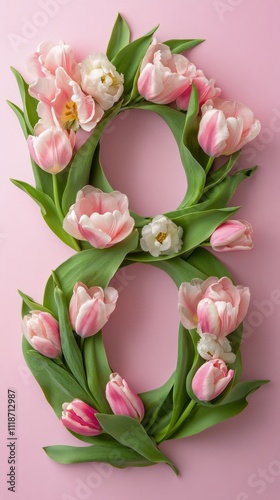 Floral arrangement of pink tulips shaped like the number eight on a pastel background