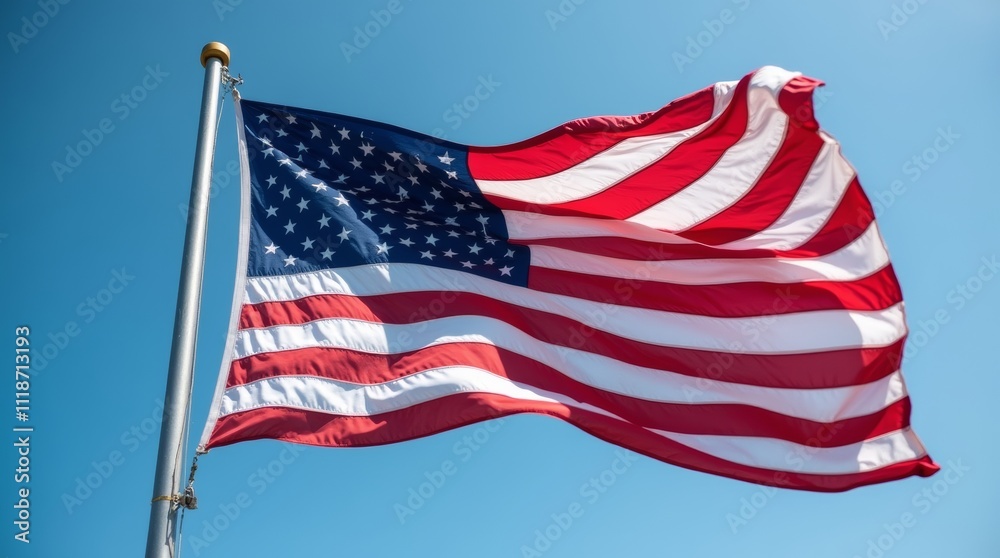 A close-up of a beautifully textured American flag gently waving in the breeze, showcasing its vibrant red, white, and blue colors against a clear blue sky, symbolizing national pride A close-up of a beautifully textured American flag gently waving in the breeze, showcasing its vibrant red, white, and blue colors against a clear blue sky, symbolizing national pride