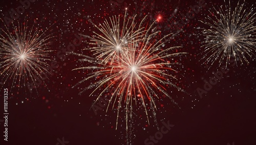 Colorful fireworks explode against a dark maroon sky.

