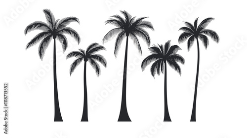 A set of detailed palm trees and coconut tree silhouette illustrations isolated on a transparent png background	