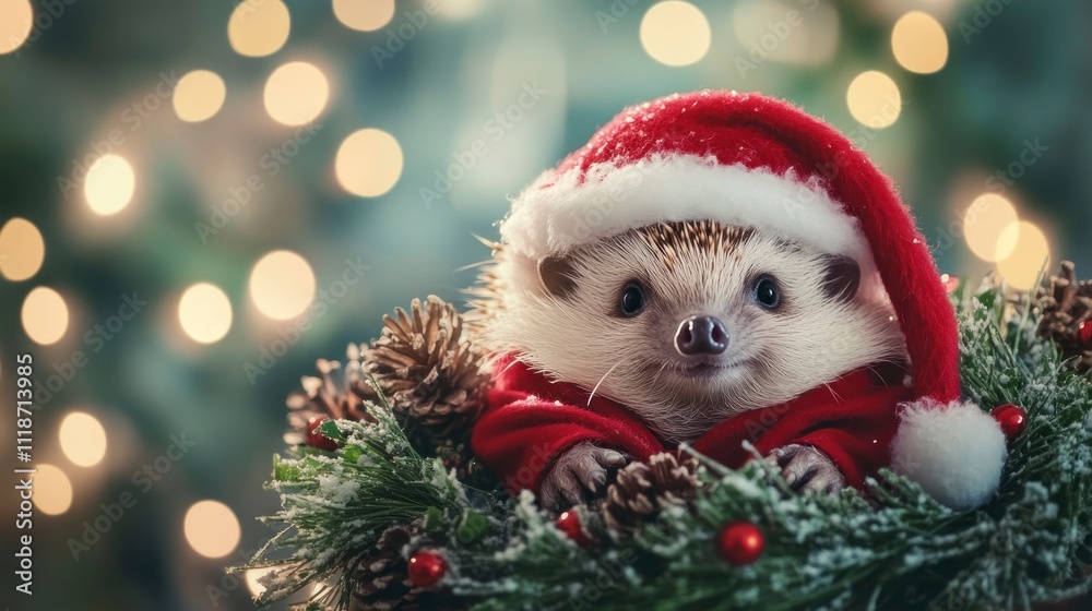 Obraz premium A festive hedgehog dressed in a tiny Santa costume, nestled in a cozy holiday wreath with a background of twinkling lights. Medium close-up shot.