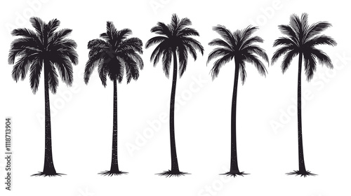 A set of detailed palm trees and coconut tree silhouette illustrations isolated on a transparent png background	 photo