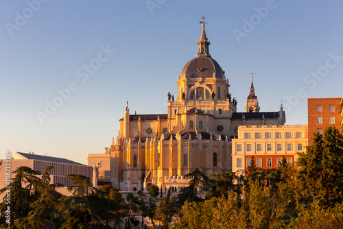 Almudena Cathedral (Santa María la Real de La Almudena) in Madrid, Spain, sunset view, neoclassical building.