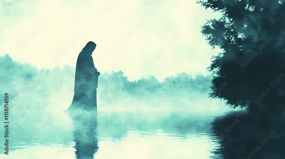 Mystical Jesus statue artwork featuring serene light, spiritual energy, and a tranquil natural setting for divine inspiration and reflection.