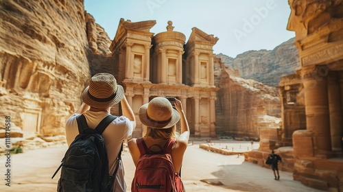 Travelers admiring ancient architectural wonders in a historic city. photo