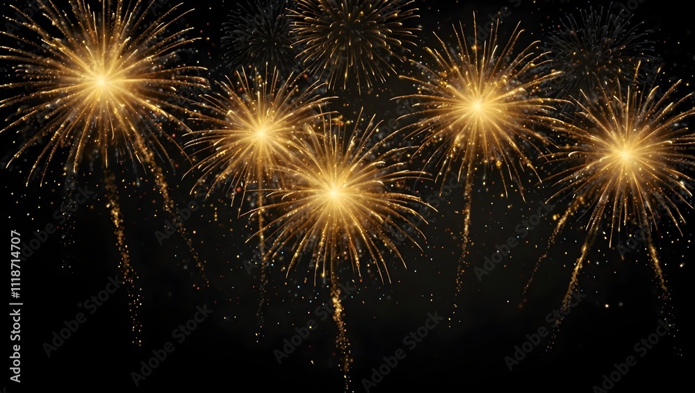 Naklejka premium Golden fireworks explode against a dark night sky.