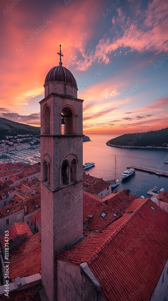 A panoramic view of the old town, with strawberry-red roof tiles and white stone buildings, set against an ocean horizon under a pastel sky at sunset. A panoramic view of the old town, with strawberry-red roof tiles and white stone buildings, set against an ocean horizon under a pastel sky at sunset.