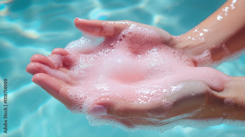 Fototapeta premium Hands hold pink bubbles playfully against the backdrop of a sparkling blue pool