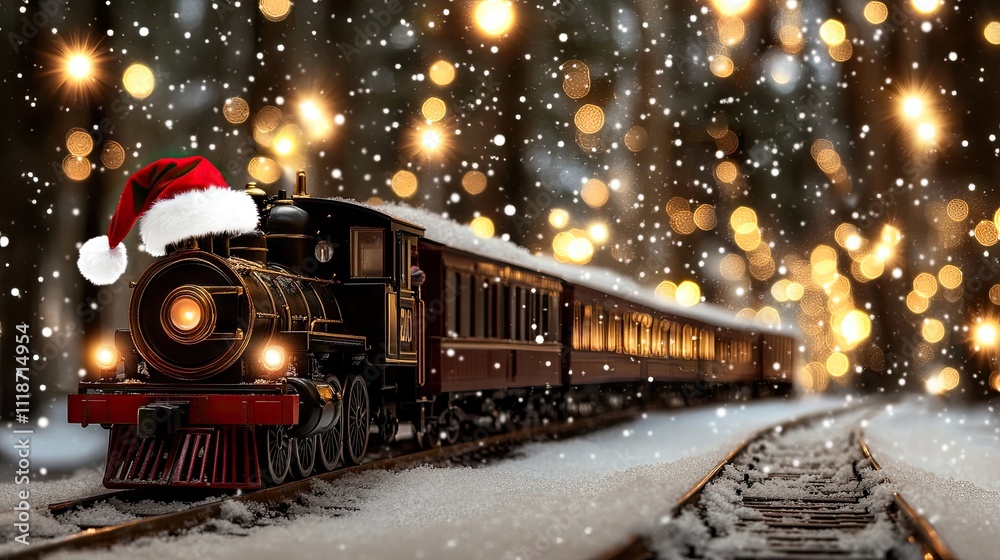 A steam train adorned with a Santa hat moves through a snowy landscape, surrounded by soft glows of warm lights and falling snowflakes during a winter evening. A steam train adorned with a Santa hat moves through a snowy landscape, surrounded by soft glows of warm lights and falling snowflakes during a winter evening.