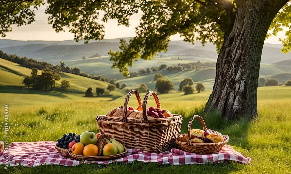 Idyllic picnic scene with wicker baskets filled with fruit, bread, and pastries on a checkered blanket in a picturesque countryside setting. Idyllic picnic scene with wicker baskets filled with fruit, bread, and pastries on a checkered blanket in a picturesque countryside setting.