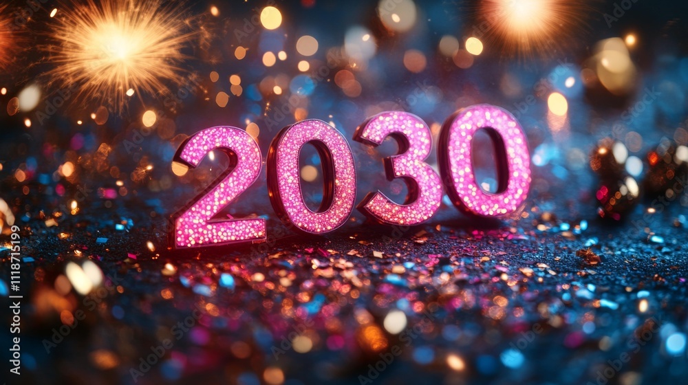 Number 2030 with Neon Lights and Fireworks. Generative AI Number 2030 with Neon Lights and Fireworks. Generative AI