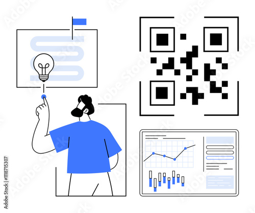 Businessman points at light bulb symbolizing idea generation, QR code, flowchart with line, and data analytics screen. Ideal for innovation, technology, marketing, business strategy, data analysis