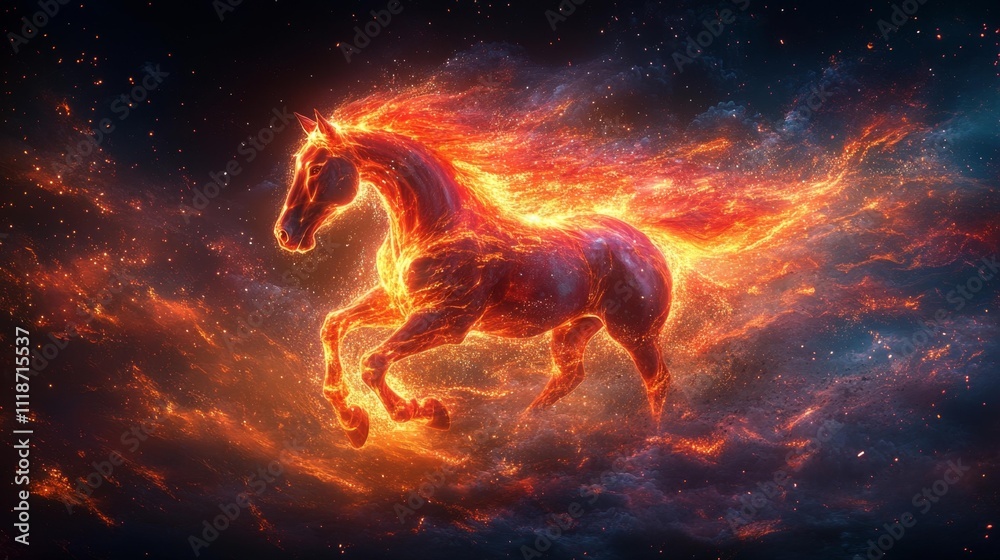 Fiery Horse with Firework Mane in Glowing Night Sky. Generative AI Fiery Horse with Firework Mane in Glowing Night Sky. Generative AI
