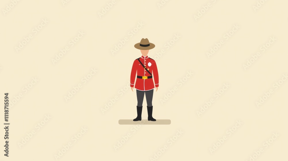 A minimalist depiction of a Canadian Mountie, focusing on the outline of the red serge uniform and campaign hat, centered on a beige background with no extra details or background elements. A minimalist depiction of a Canadian Mountie, focusing on the outline of the red serge uniform and campaign hat, centered on a beige background with no extra details or background elements.