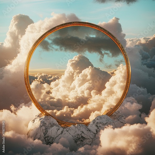 A reflective golden mirror on marble, surrounded by dreamy clouds photo