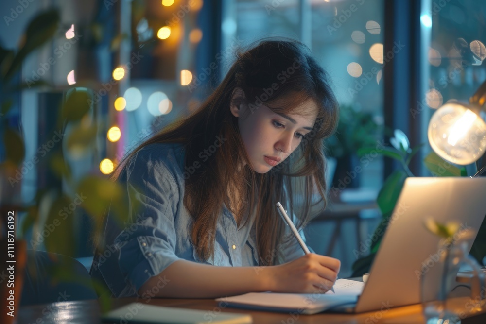 Fototapeta premium Young businesswoman studying online e learning at work desk.