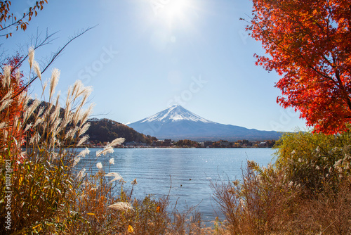 View of snow-capped Mount Fuji and Lake Kawaguchi in Yamanashi Prefecture, Japan
 photo