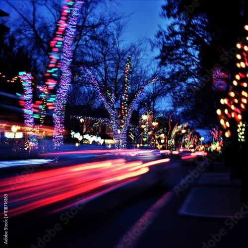 christmas holiday lights glowing on streets and cars passing by photo