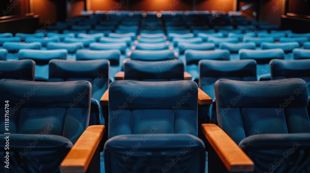 Fototapeta premium Empty movie theater auditorium with rows of blue seats.
