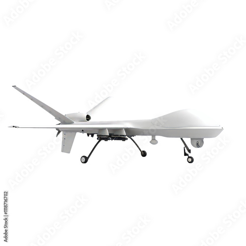 A modern unmanned drone designed for surveillance and aerial operations, isolated on a transparent background.