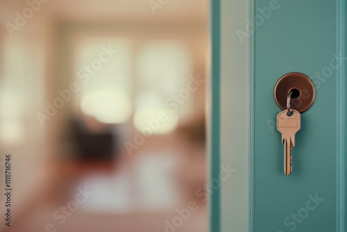 Key in door lock with blurred interior background showing cozy living space