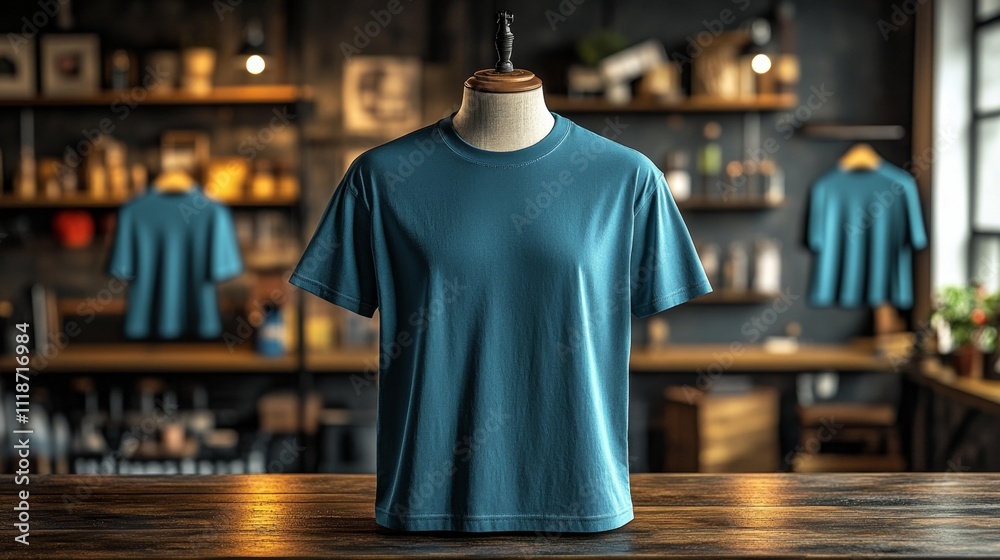 Boat Neck 3D Render MOCKUP T-shirt in Teal color on a mannequin. Generative AI Boat Neck 3D Render MOCKUP T-shirt in Teal color on a mannequin. Generative AI